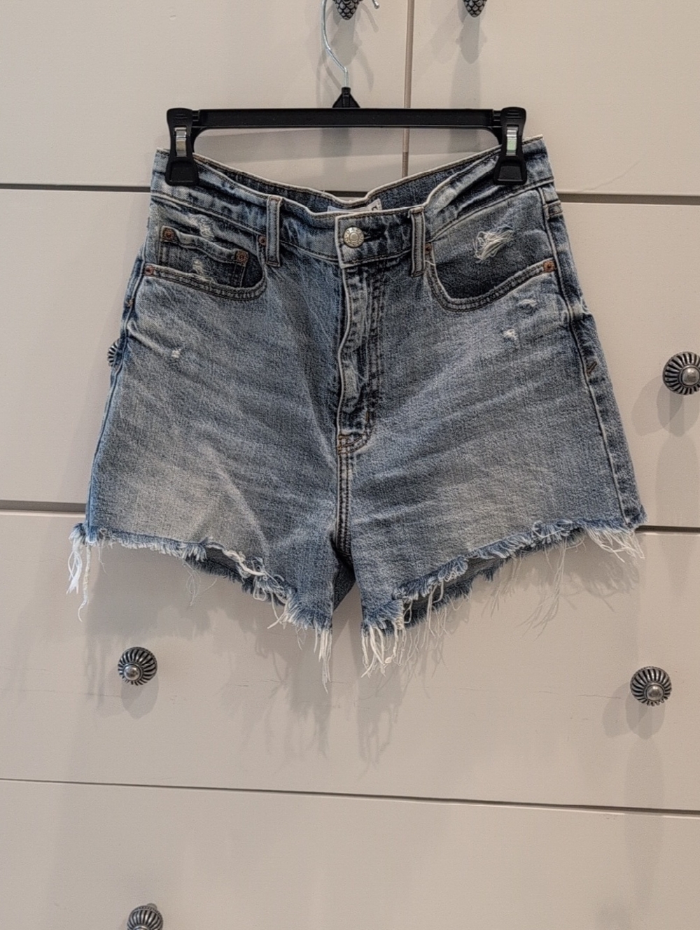 High-Rise Distressed Denim Jean Shorts - Light Blue